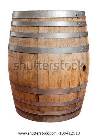 Wooden barrel for wine with steel ring. Clipping path included. Royalty-Free Stock Photo #139412510