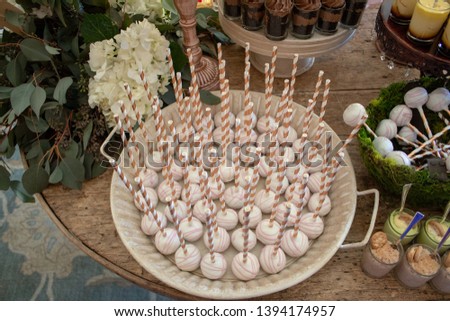 Plate with cake pops on dessert table.