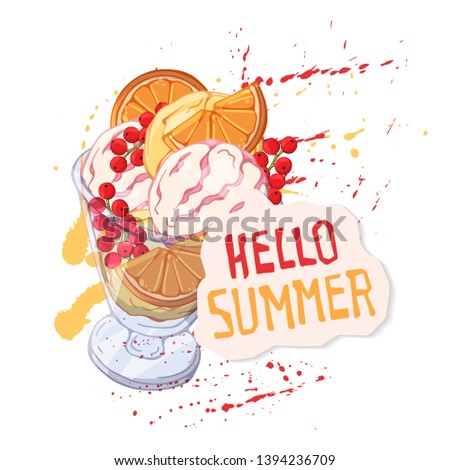 Vector hand drawn illustrations. Ice cream in bowl. Lettering: Hello Summer. Isolated objects for your design. Each object can be changed and moved.
