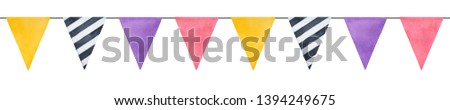 Colorful triangle flag bunting illustration. Seamless repeatable line. Hand drawn watercolour painting on white background, isolated element for festive design, greeting card, frame, party invitation.