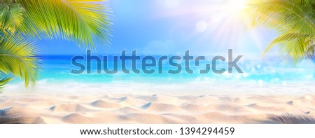 Sunny Tropical Beach With Palm Leaves And Paradise Island
