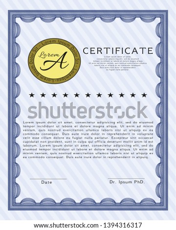 Blue Classic Certificate template. With linear background. Money design. Detailed. 