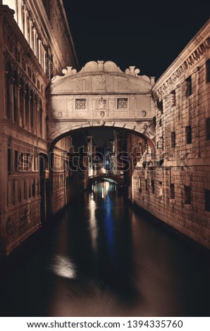 Bridge of Sighs at night as the famous landmark in Venice Italy.