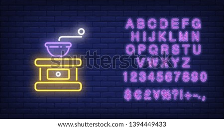 Manual coffee grinder neon sign. Cafe, coffee break, beverage concept. Advertisement design. Night bright neon sign, colorful billboard, light banner. Vector illustration in neon style.