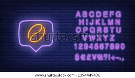 Coffee bean on speech bubble neon sign. Cafe, break, beverage concept. Advertisement design. Night bright neon sign, colorful billboard, light banner. Vector illustration in neon style.
