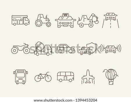 Transport line icon set. Camper, tractor, taxi, car. Transport concept. Can be used for topics like vehicle, travel, delivery