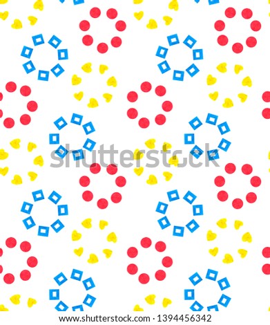 Seamless geometric ornament pattern of flowers made from petals of different shapes of a square, heart and circle on a white background repeating.Design for printing on fabric, textile,paper,wrapper