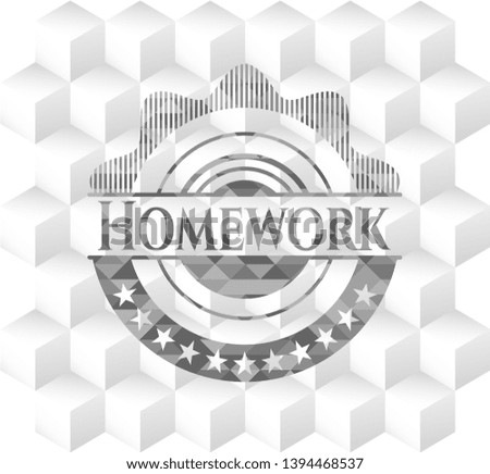 Homework grey badge with geometric cube white background