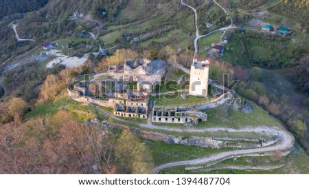 Aerial photography. Iversky monastery in the village of New Athos, Abkhazia. Mountain view. Evening light.
