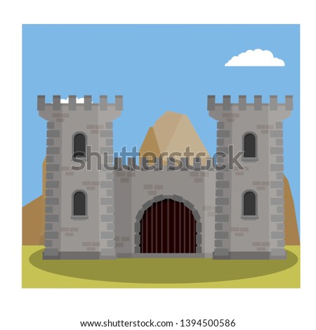Stone castle with tower, wall and gate. Medieval military house. European architecture. Old fortress. Safety of knight and king. Cartoon flat illustration.