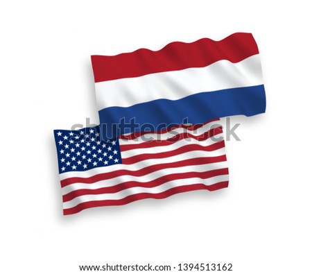 National vector fabric wave flags of Netherlands and USA isolated on white background. 1 to 2 proportion.