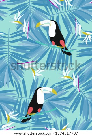 Toucan, tropical flowers and leaves floral textile vector seamless pattern. Summer print with flowers and exotic birds. Tropical background with toucan.