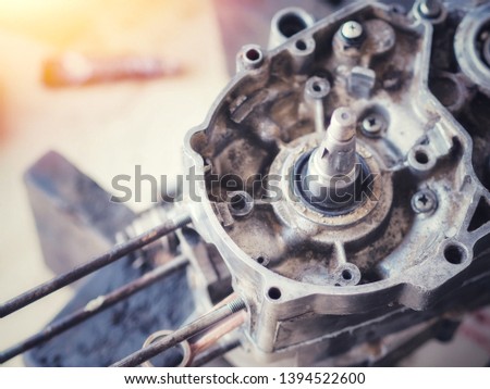 Engine of damaged motorbike Waiting for repair from an expert technician.