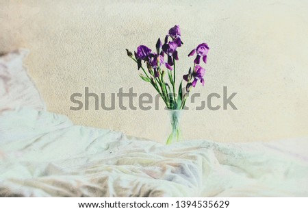 Irises flowers in the bedroom. Still life. Photo with vintage film camera effect