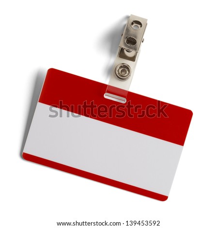 Red and White Plastic Name Badge with Metal Clip Isolated on White Background.