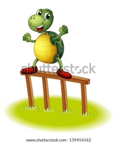 Illustration of a turtle above a wooden post on a white background