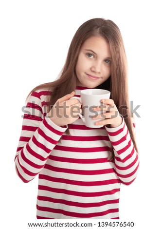 CUTE TEEN GIRL HOLDING WHITE CUP OF DRINK ISOLATED ON WHITE BACKGROUND 
