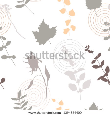 Botanical vector seamless pattern with hand drawn herbs, plants, flowers and leaves and geometric background with circles and dots.