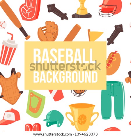 Baseball seamless background vector illustration. Sport equipment such as bat, ball, softball gloves, batting helmets, catcher gear, cap, clothing. Food and drink during game.