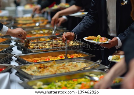 people group catering buffet food indoor in luxury restaurant with meat colorful fruits  and vegetables Royalty-Free Stock Photo #139462826