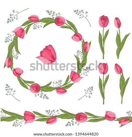 
Seamless brush of tulips. Can be used on postcards and wedding invitations.