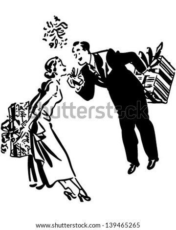 Couple Exchanging Gifts - Retro Clip Art Illustration