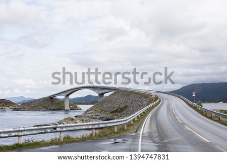 Iconic bridge Fredvang following National Tourist Route Atlanterhavsvegen, Lofoten Islands, Norway. 