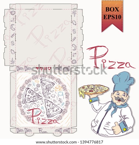 ready made layout of the box for food packaging pizza design in the style of contour drawing depicting the products used for cooking vector EPS10