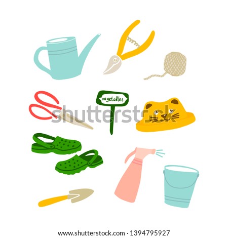 Vector illustration of garden tools in Doodle style. Set of garden symbols, things, objects. Design of postcards, posters and web sites