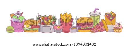 Fast food big set and border.French fries,burger,pizza,doner kebab,salad etc. Colorful cartoon style street food icons for kids menu design,stickers,restaurant decoration. Horizontal,vector.