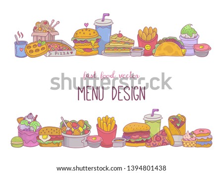 Fast food frame with fries,burger,pizza,kebab,sandwiches, salad,taco etc. Colorful cartoon style street food icons set for kids menu design,web,restaurant decoration. Horizontal border,vector.