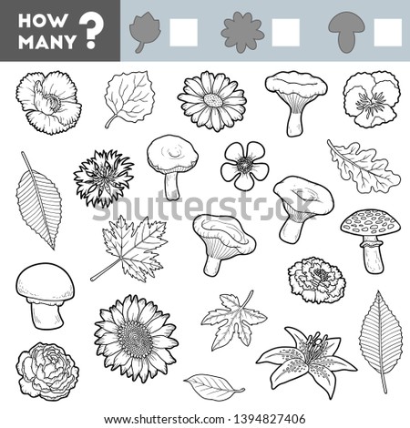 Counting Game for Preschool Children. Educational a mathematical game. Count how many leafs, mushrooms, flowers and write the result!