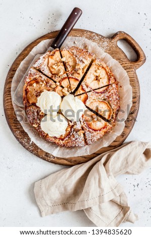 Apple Cake with Slices of Apple on Top Served with Ice Cream