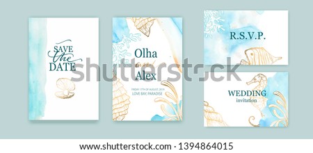 Set of wedding cards, invitation. Save the date sea style design. Blue watercolor wash.  Summer background. Hand drawn seashells with golden texture. Royalty-Free Stock Photo #1394864015