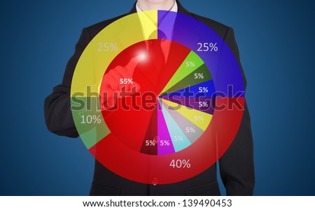 businessman press on business statistic circle chart, blue background