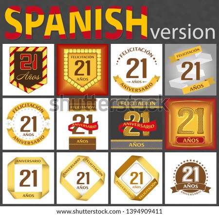 Spanish set of number twenty-one years (21 years) celebration design. Anniversary number template elements for your birthday party. Translated from the German - congratulation, years, anniversary