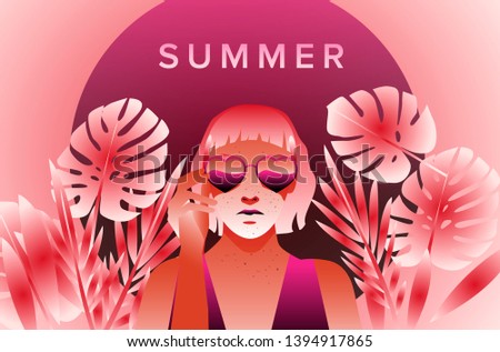 Fashion woman with bob haircut and pale freckled skin on palm tree background wearing heart shaped sunglasses, fashion retrowave/ synthwave 80s-90s style vector illustration.