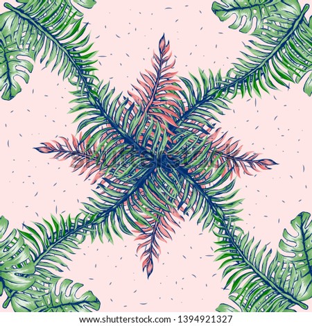 Pattern illustration of tropical leaves of palm trees and monstera with a paint effect