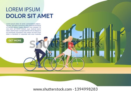 Woman and man riding bicycles, green landscape and sample text. Tourism, activity, leisure concept. Presentation slide template. Vector illustration for topics like summer, holiday, sport