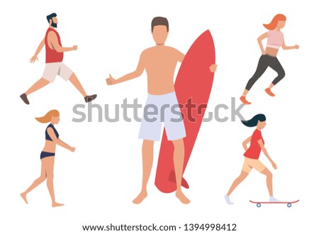Set of summer and beach activities. People running, surfing, skateboarding, playing volleyball. Sport concept. Vector illustration can be used for topics like hobby or outdoor fitness