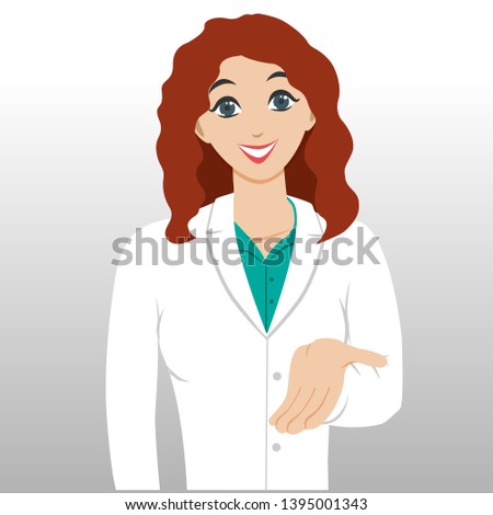 A woman doctor offers medicine on an open palm. Vector illustration for design