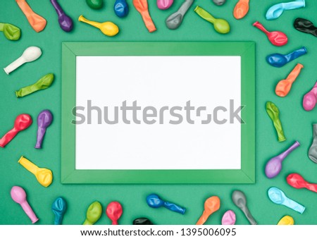 Party or birthday background. Frame with colorful balloons. Table top view. Flat lay. Holiday mockup. Greeting card with copy space