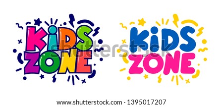 Kids zone cartoon logo. Set of design colorful bubble letters for children's playroom decoration. Flat design element. Vector illustration. Isolated on white background.