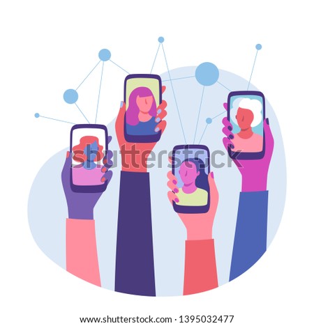 Women Connection. Global communication. Diverse group of women with raised hands holding smartphones. Video call and Long distance communication. Women rights, equality, Empowerment. Flat style vector Royalty-Free Stock Photo #1395032477