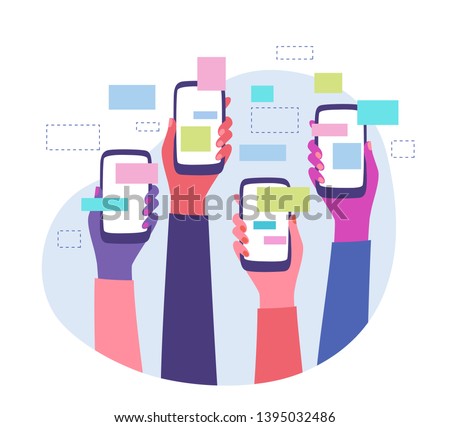 Trending topics and global communication. Diverse group of friends sharing news and messages on social media groups. Hands holding smartphones with online content around. Flat style vector Royalty-Free Stock Photo #1395032486