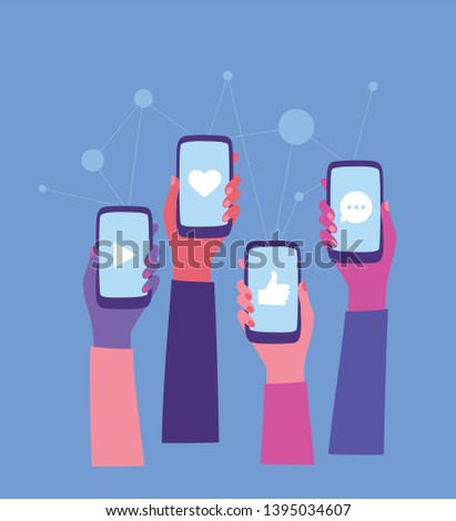 Social Media and mobile apps. Friends Interacting online on different social platforms. Female hands holding smartphones with social media apps icons. Online communication and connection. Flat vector  Royalty-Free Stock Photo #1395034607