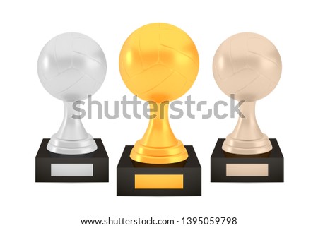 Winner volleyball awards set, gold silver bronze trophy cups on stands with empty plates, three logo icons isolated on white background, photo realistic vector illustration ball with reflection
