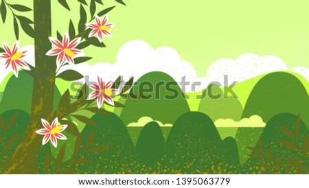 Mountain landscape. Clouds at the top of the mountain. Rocky terrain. Blooming tree on the tops of highlands