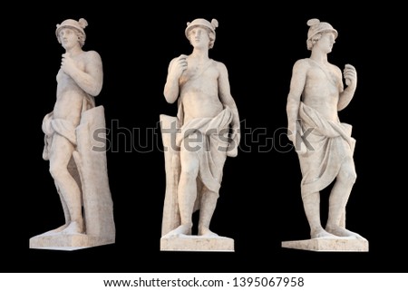 Sculpture of the ancient Greek god Mercury isolate. Mercury was a messenger and a god of trade, profit and commerce. Sculptor S. S. Pimenov. Created in 1822, the location of St. Petersburg, Royalty-Free Stock Photo #1395067958