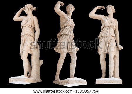 Sculpture of the ancient Greek god Artemis isolate. Vintage carving set with Ancient greece mythology. Sculptor S. S. Pimenov. Created in 1822, the location of St. Petersburg, Royalty-Free Stock Photo #1395067964